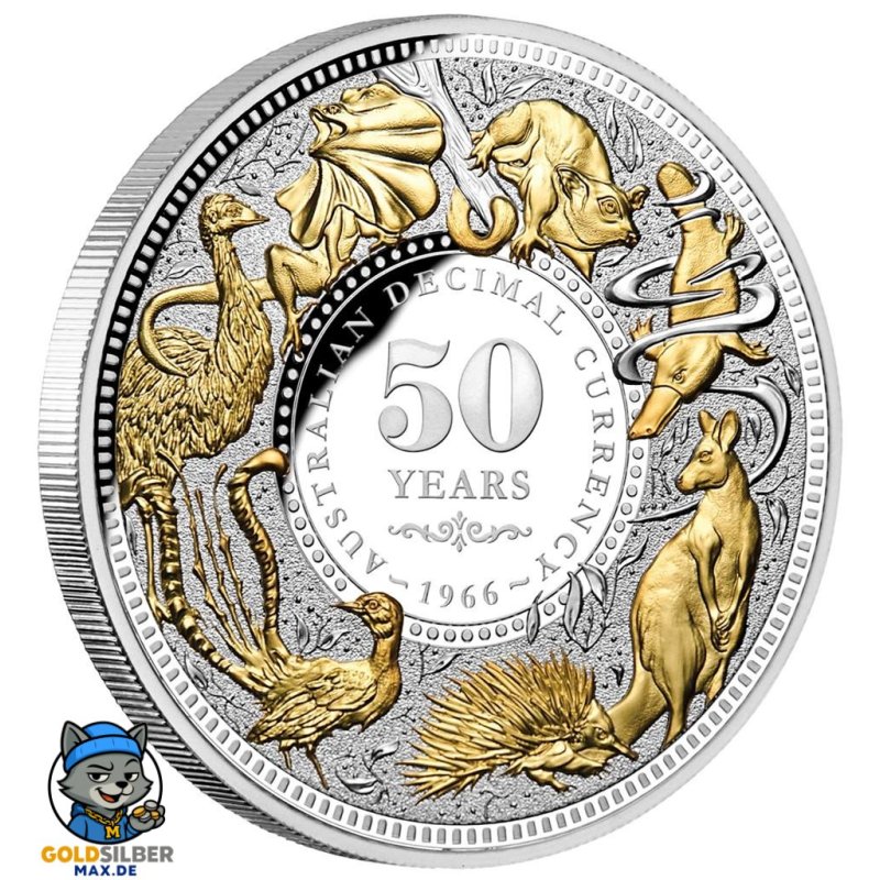 5 Unzen Silber 50 Jahre Dezimalwährung Australien Gilded Nieu