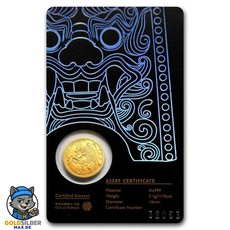 1/10 oz Unze  Gold Südkorea South Korea Chiwoo Cheonwang 2017 Blister Schwarz