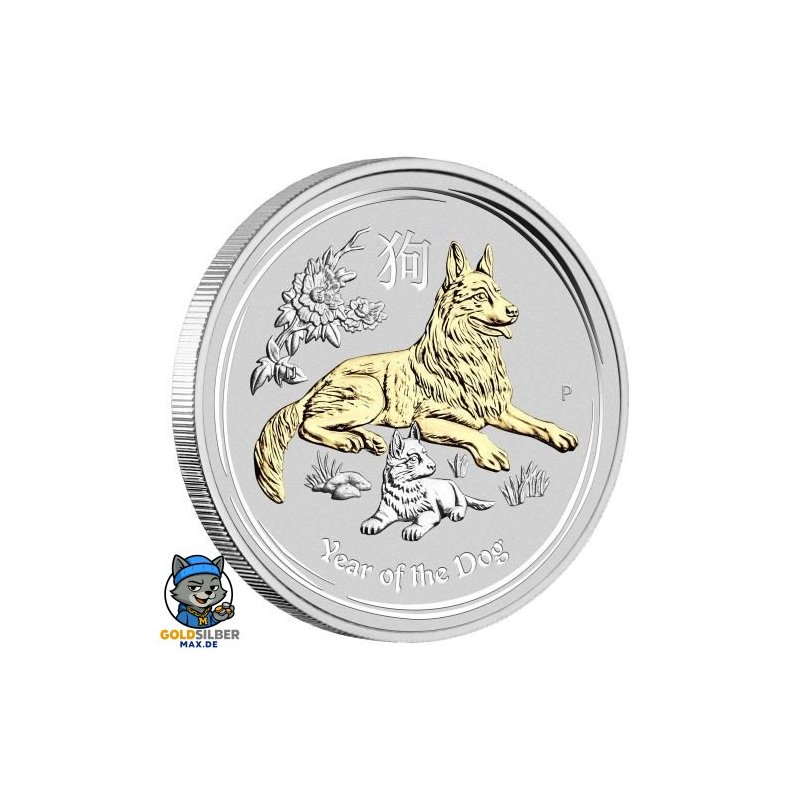 1 Unze  Lunar 2 Hund Dog  Gilded  mit Box 2018