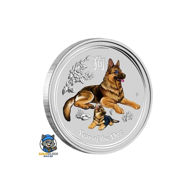1 Kg Silber Hund Lunar II 2018 mit Diamantauge  coloriert dog