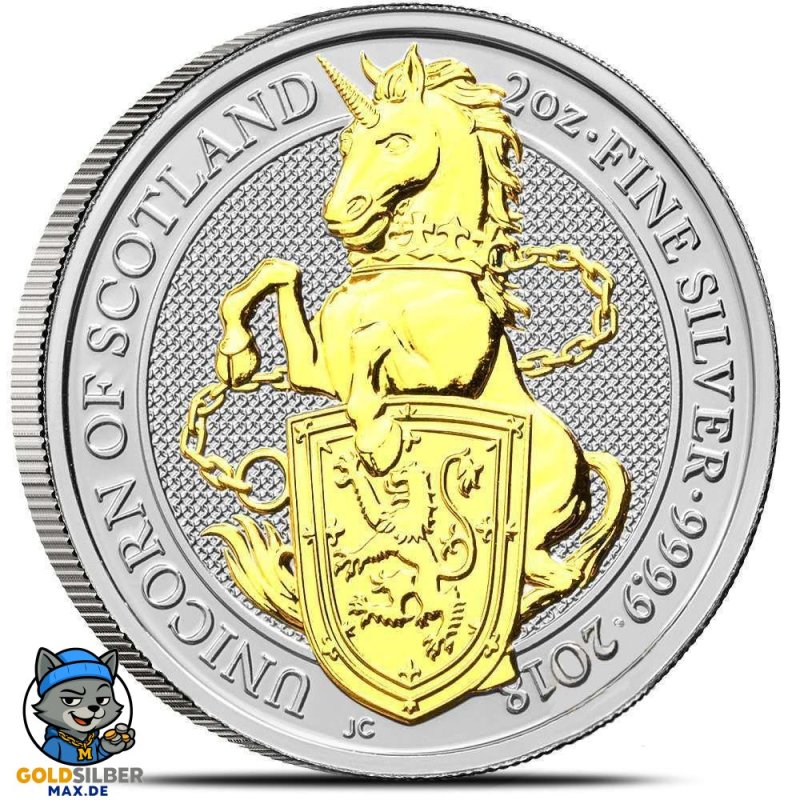 2 Unzen Silber Queens Beasts Unicorn 2017 High Relief Gilded