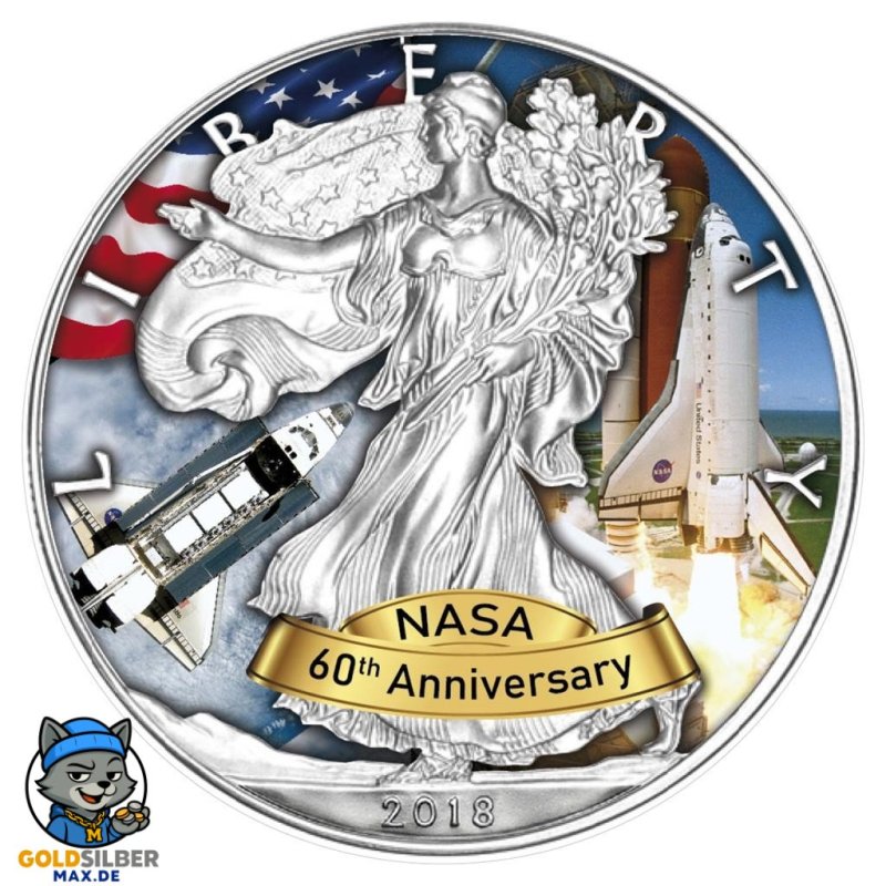 1 Unze Silber American Eagle 2018  Space shuttle 60 Jahre Nasa