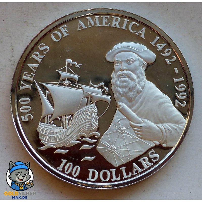 5 Unzen Silber100 Dollars 1990 Cook Islands Magellan - 500 Jahre Entdeckung Amerikas PP