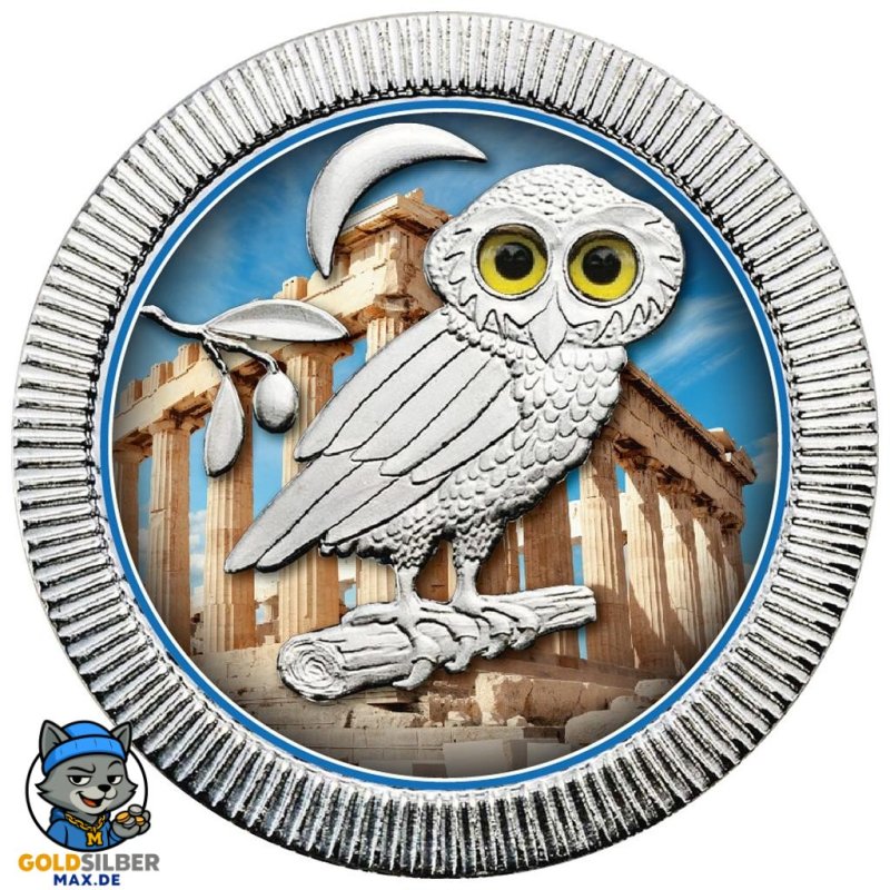 1 Unze Silber Eule Athen  2018 Niue farbig