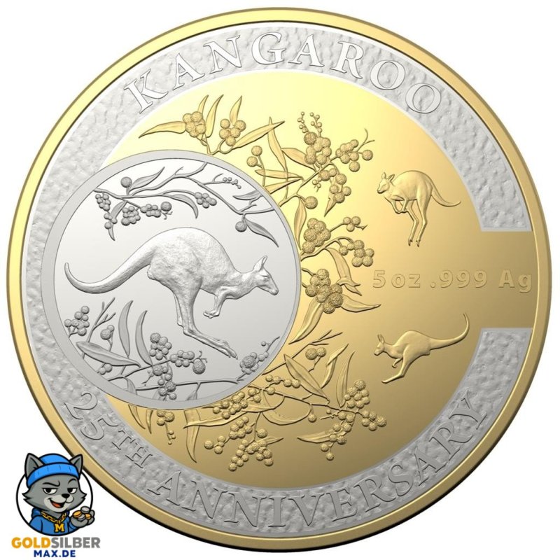 5  Unzen Silber  Dollar 25th Anniversary Kangaroo Series Känguru PP 2018 Teilvergoldet
