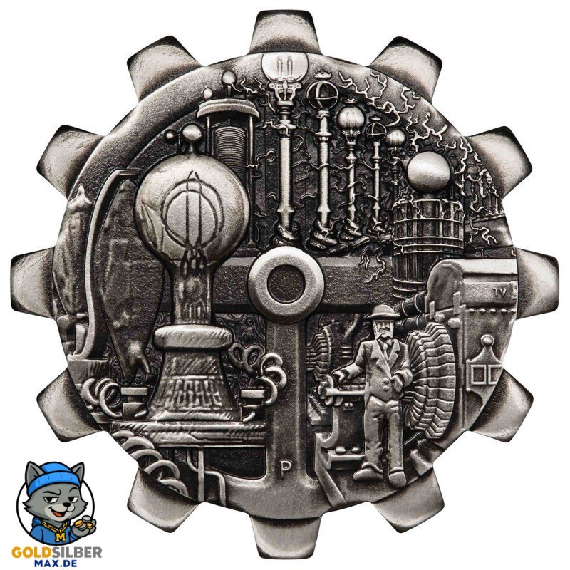 2 x 1 Unze Silber Tuvalu Evolution of Industry - Gear-Shaped Zahnradform Antique Finish