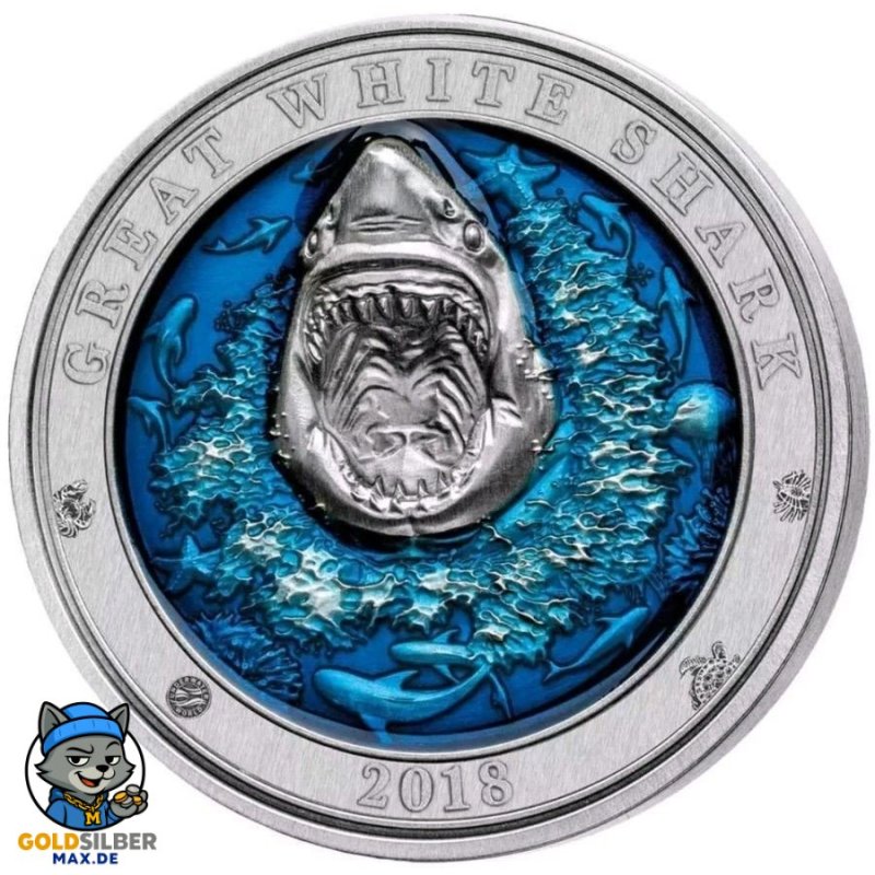3 Unzen Silber  Great White Shark Barbados 2018 AF coloured 