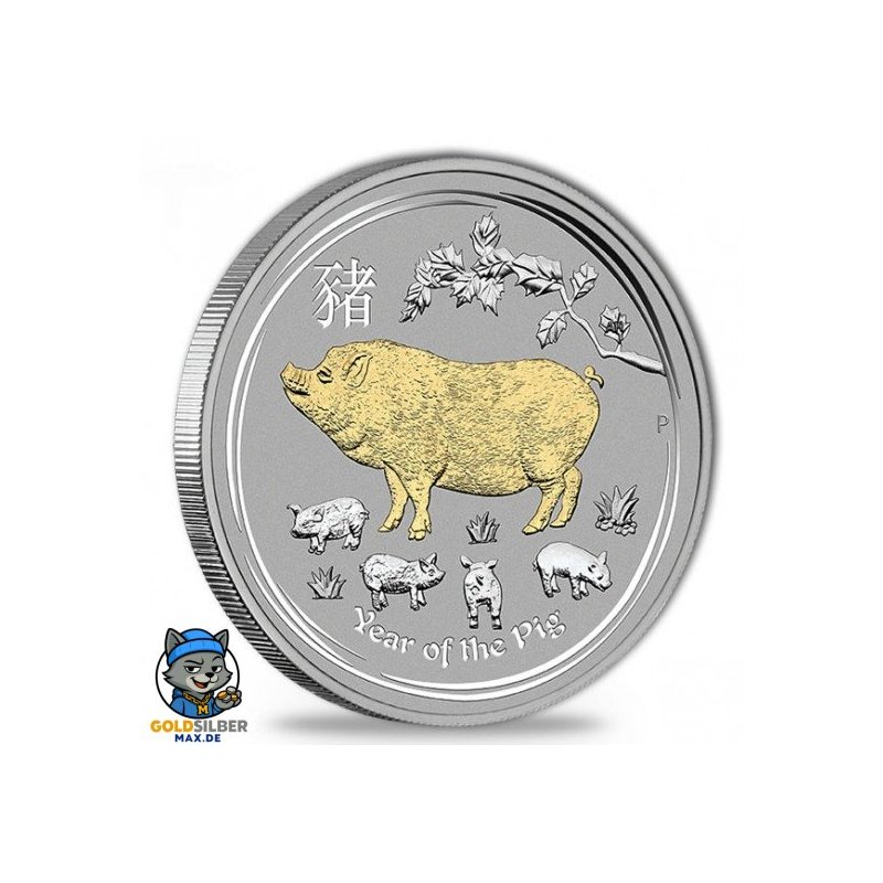 1 Unze  Lunar 2 Schwein pig  Gilded  mit Box 2019