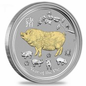 1 Unze  Lunar 2 Schwein pig  Gilded  mit Box 2019