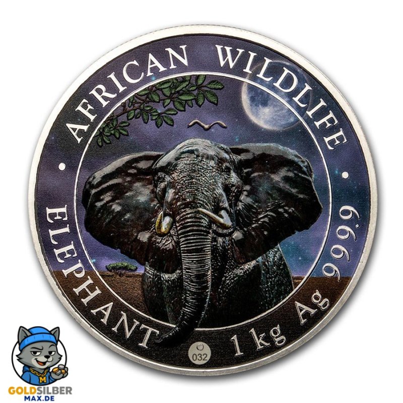 1 Kilo kg  Silber Silbermünze Somalia Elefant 2021 Night Nacht Giant Moon coloriert farbig