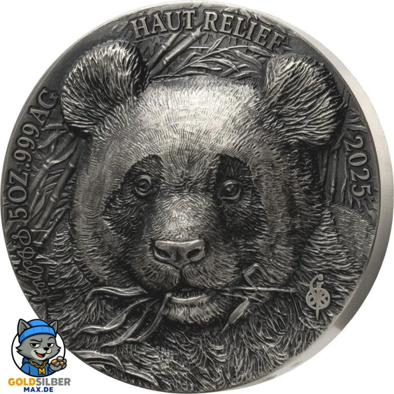 5 Unzen Silbermünze „Big Five Panda“ 2025 – Elfenbeinküste, High Relief, Antik Finish, Design von Mauquoy