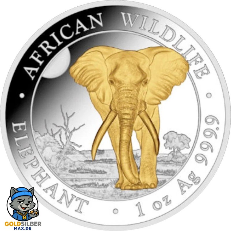 1 Unze Silber Silbermünze Somalia Elefant 2025 Teilvergoldet Gilded
