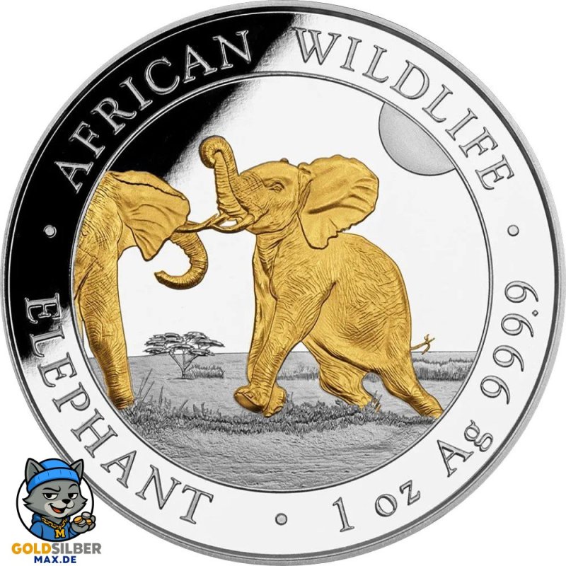 1 Unze Silber Silbermünze Somalia Elefant 2024 Teilvergoldet Gilded