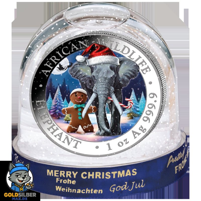 1 Unze Silber Silbermünze Somalia Elefant 2025 Coloriert Schneekugel