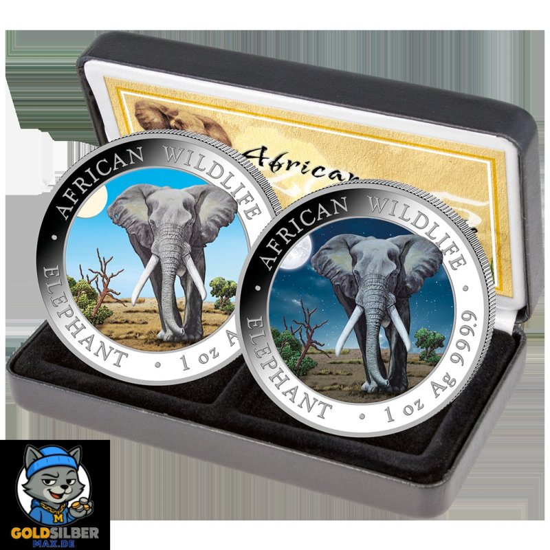 2 x1 oz Silber Somalia Elefant 2025 Tag Nacht Set