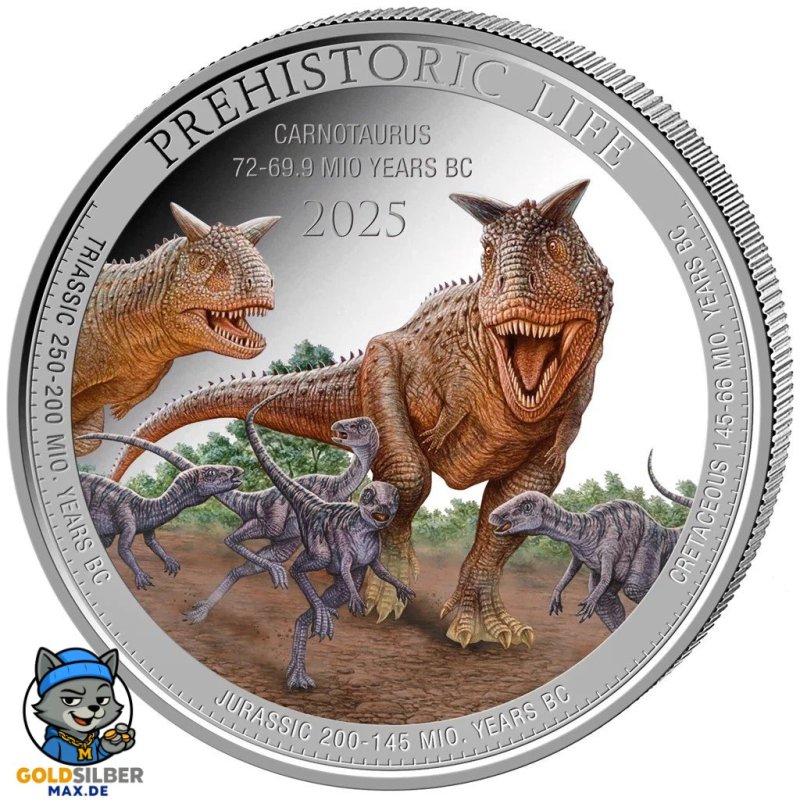 1 Unze Silber Prehistoric Life II Carnotaurus farbig