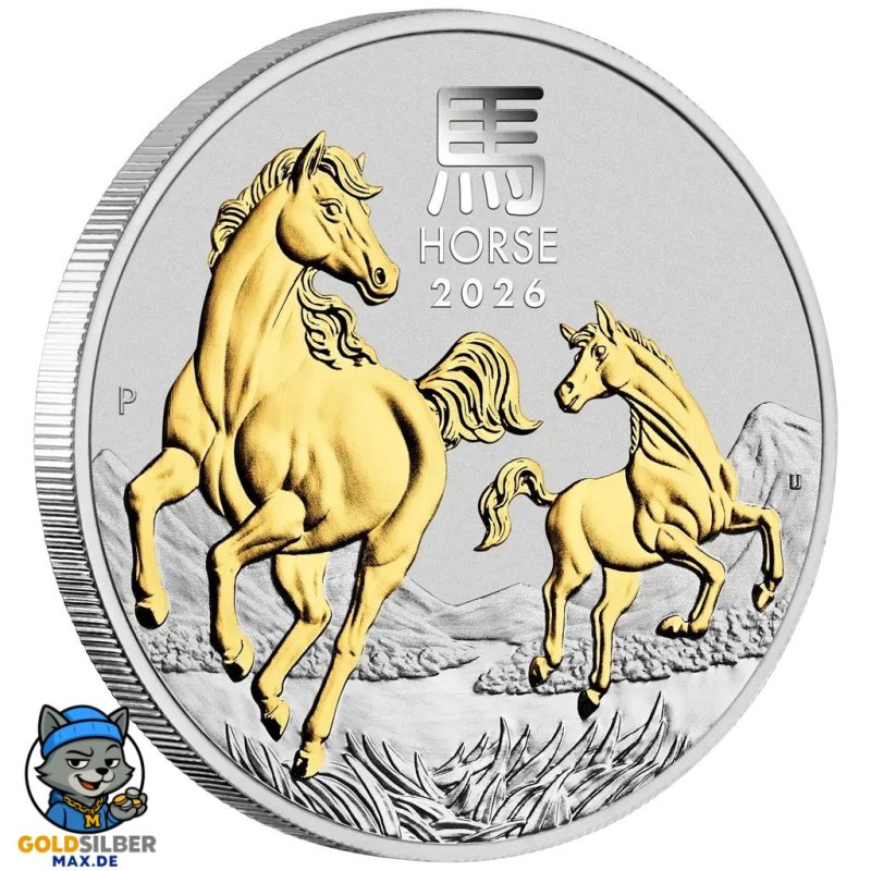 1 oz Unze Silbermünze Pferd Lunar III 2026 gilded