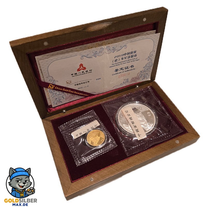 Rarität 1 Unze Silber + 1/10 Gold Tiger China 2010