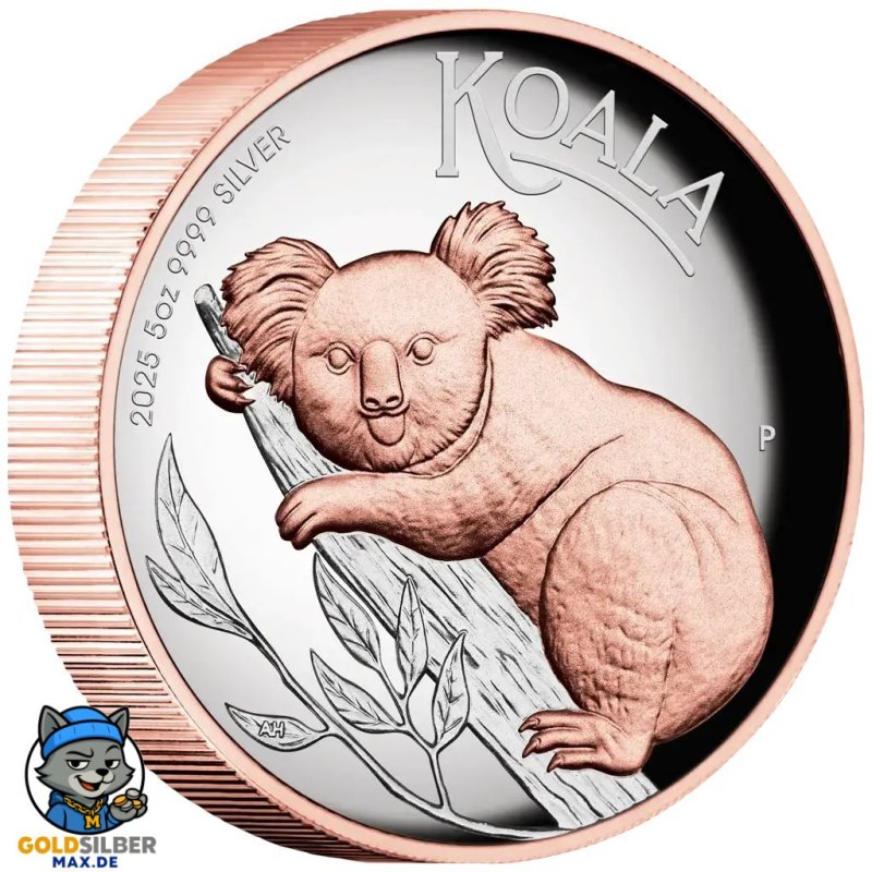 5 Unzen  Silber Australien Koala 2025 High Relief teilvergoldet mit Rosegold
