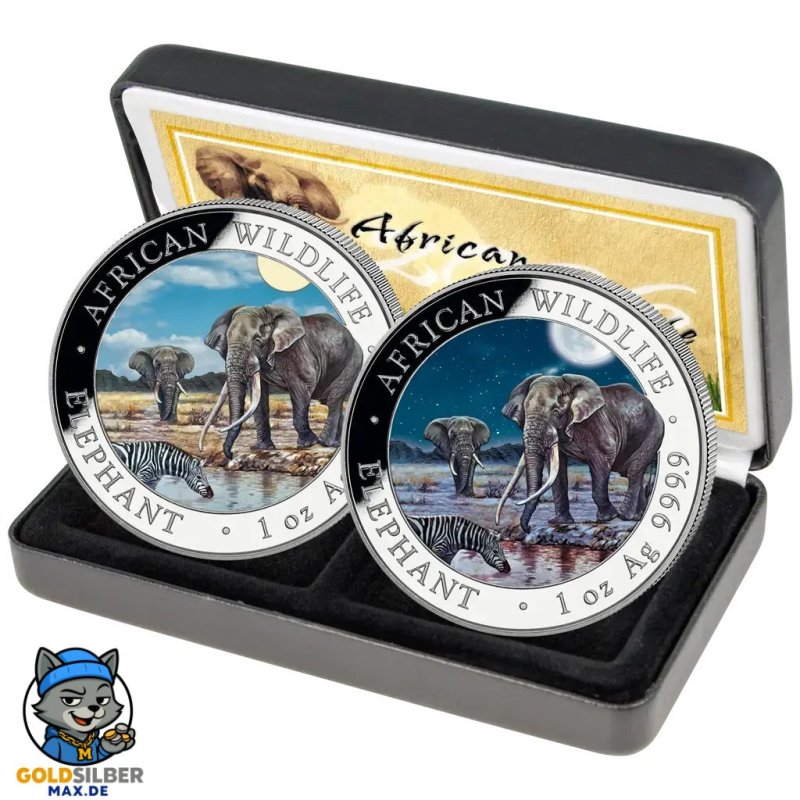 2 x1 oz Silber Somalia Elefant 2026 Tag Nacht Set