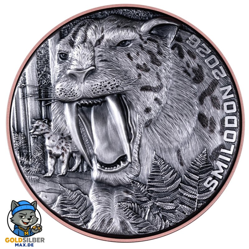 Double Silver Giant Säbelzahntiger 2026 – 155 g Bi-Metall (Silber/Kupfer), Antique Finish