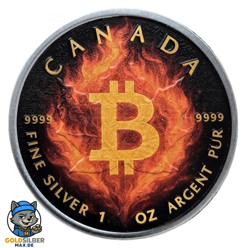 1 Unze Silber Maple Leaf 2025 – Burning Bitcoin