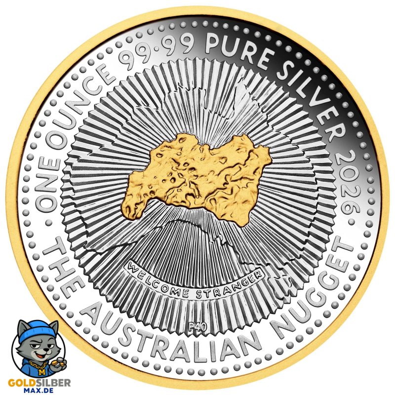 1 Unze Silber Australian Nugget 2026 – 40. Jubiläum – PP Gilded