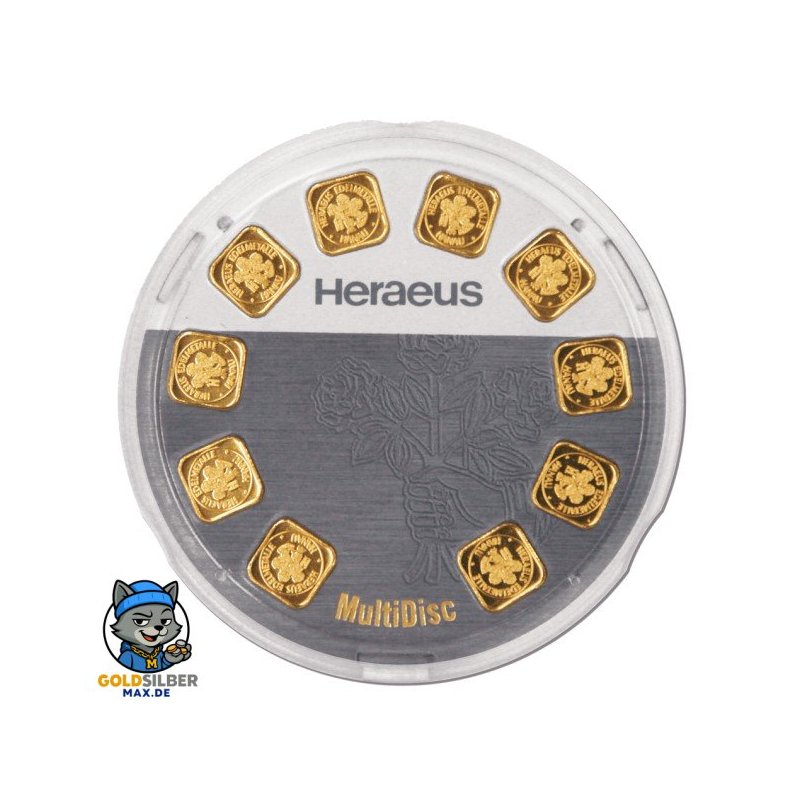 10 x 1 Gramm gr Goldbarren Heraeus Multidisc