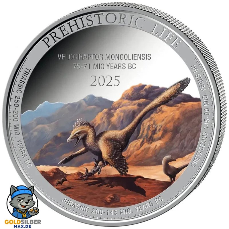 1 Unze Silber Prehistoric Life II Velociraptor farbig
