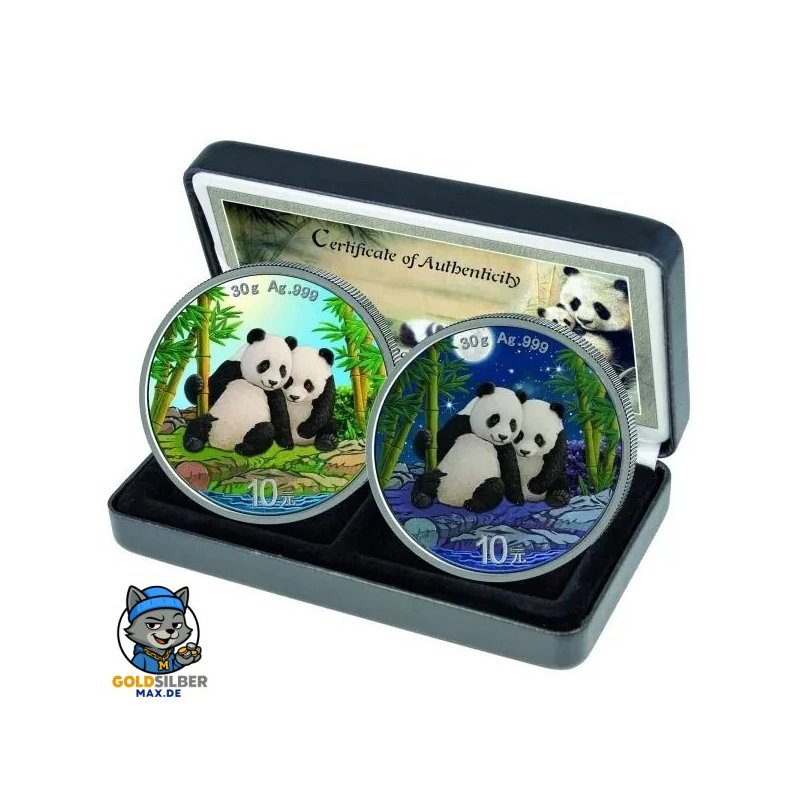 China Panda 2026 Set Tag und Nacht 2x 30 gr Gramm Silber Silbermünze Farbig